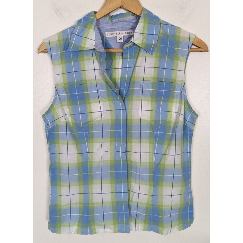 Tommy Hilfiger Size 8 Sleeveless Button Up Blue Green Plaid Shirt Snap
